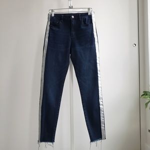 *Sold* Women Mid Waist Fall Skinny Jeans Side Track Frayed Hem Size 26 Navy NWOT
